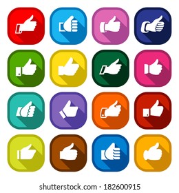 Thumbs up, set icons on round colored buttons, hands with shadow. Vector illustration
