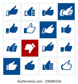 Thumbs up, set icons. Vector illustrations, set blue silhouettes isolated on white background.