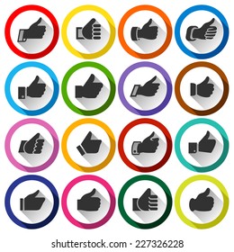 Thumbs up, set round buttons, vector illustration