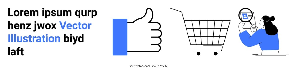 Thumbs up, a shopping cart, and a user analyzing with a magnifying glass. Ideal for e-commerce, customer reviews, online shopping, data analysis, digital marketing. Banner for landing page