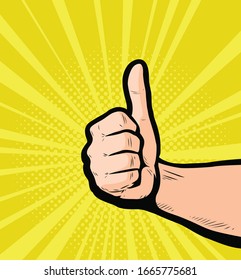 Thumbs up, success. Retro comic pop art vector illustration