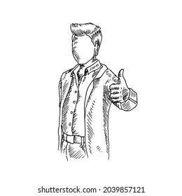 Thumbs up.	a well-dressed man, raising his left thumb up.	Retro vintage sketch vector illustration. Engraving style. black isolated on white background. vector draw graphic design illustration sketch.