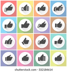 Thumbs up, white round buttons on color background