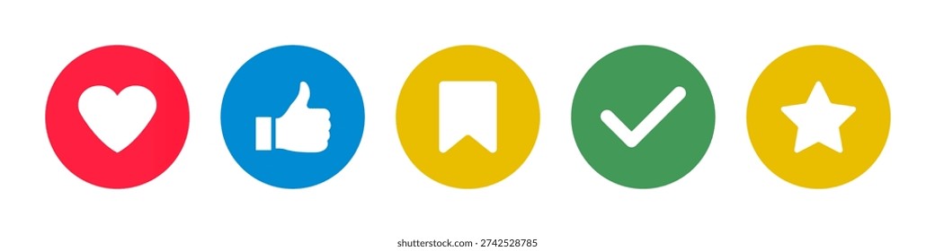 Thumbs up. Yes sign. Check mark symbols. Signs in green and red colored. Confirmation mark. Heart shape and star rating. Save icon. Vector