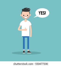 Thumbs up. Young bearded man says "Yes" / editable flat vector illustration