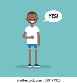 Thumbs up. Young black man says "Yes" / editable flat vector illustration