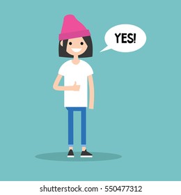 Thumbs up. Young brunette girl says "Yes" / editable flat vector illustration