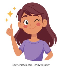 Thumbs up. A young girl holds her thumb up. Vector illustration of the concept of laudatory, encouraging actions.