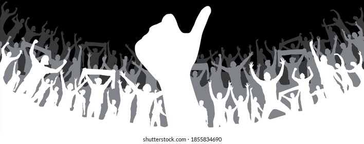 Thumbs up.Like.Crowd of fans. Happy people have fun celebrating. Group of friends.A crowd of cheerful people at a party, holiday.People's applause, hands up.Silhouette Of A Vector Illustration