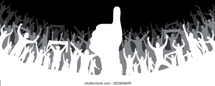 Thumbs up.Like.Crowd of fans. Happy people have fun celebrating. Group of friends.A crowd of cheerful people at a party, holiday.People's applause, hands up.Silhouette Of A Vector Illustration