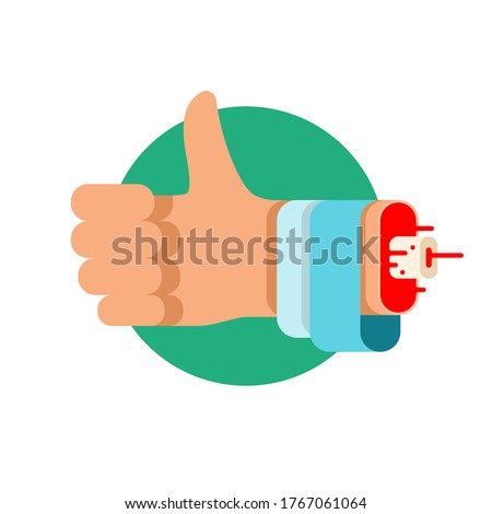 Thumbs Up Vector Flat Icon. Finger Up in Blue Sleeve Showing Like. Like icon. Bleeding Severed Arm. Hand Finger Up Sign. Thumb Up Symbol. Flat Design Style.