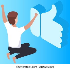 Thumbs up vector flat icon and happy man joyfully raises his both hands up. Like finger sign. Concept of luck and joy from good finished business. Successful satisfied guy happy about positive news