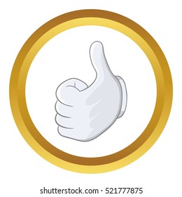 Thumbs up vector icon in golden circle, cartoon style isolated on white background