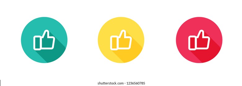 Thumbs up vector icon in green yellow and red with long shadow effect, like symbol. Simple, flat design, Solid/glyph icons style for business, social media, web and mobile app navigation (UI and UX).