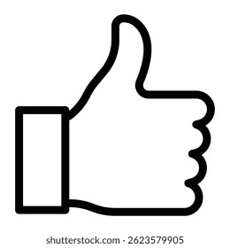 Thumbs up vector icon. Hand gesture symbol for like, approval, agreement, or positive feedback. Social media or communication element. Black outline isolated on white background.