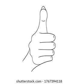 Thumbs up vector icon. Hand shows a symbol like. Making thumb up gesture. Vector illustration isolated on white background. A popular gesture of approval. One line drawing of a hand showing a big sign