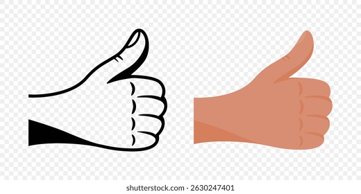 Thumbs Up Vector Set. Positive Thumbs Up Vector Illustration with Outline and Colored Hand. Modern Thumbs Up Vector Symbol for Like, Social Media, Approval, Feedback, Sticker, Web, App Design, Review