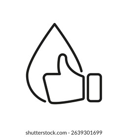 Thumbs Up With Water Drop Line Icon. Water Quality Approval And Hydration Endorsement Outline Symbol. Environmental And Health Safety. Editable Stroke. Isolated Vector Illustration.
