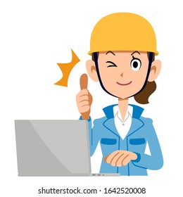 Thumbs up woman operating construction computer blue clothes