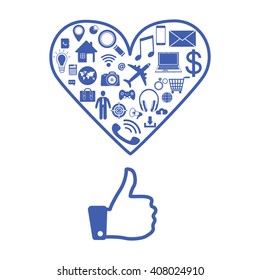 thumbs-up with application icon,  technology business software idea concept, social media networking,  digital marketing, vector illustration