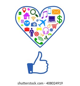 thumbs-up with application icon,  technology business software idea concept, social media networking,  digital marketing, vector illustration