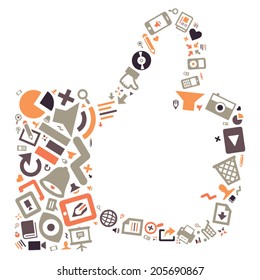 thumbs-up button made of grey and orange media and communication icons