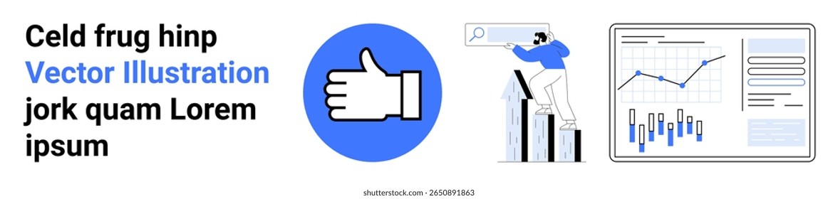 Icono de pulgar hacia arriba, persona que analiza el gráfico en el gráfico de barras, panel de análisis de datos con gráficos. Ideal para métricas de rendimiento, participación en redes sociales, trabajo en equipo, decisiones basadas en datos, crecimiento del negocio
