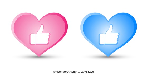 "Thumbs-up icons on pink hearts and blue graphic designs in the concept of love.Social media love symbol for Valentine's Day on a white background.vector illustration."