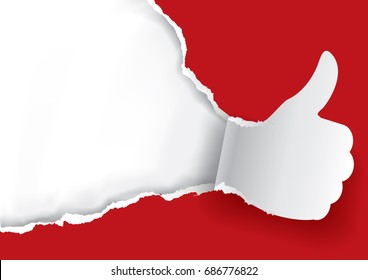 Thumbs-up Ripped paper background. Place for your text or image. Usefully as Advertisement template. Vector available.