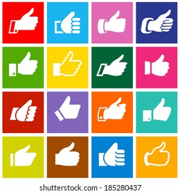 Thumbs-up, set white icons on colored squares, metro style buttons. Vector illustration