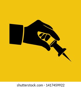 Thumbtack hold in hand human. Black silhouette icon. Paper push pins. Isolated on background. Vector illustration flat style design. Attach to wall. 