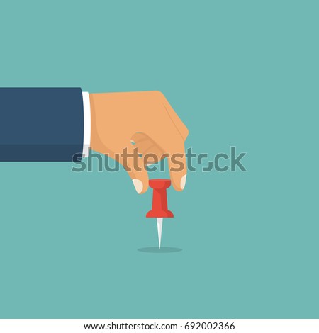 Thumbtack hold in hand human. Paper push pins. Isolated on background. Vector illustration flat style design. Attach to wall. 