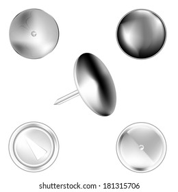 thumbtack on a white background, silver color in several variants