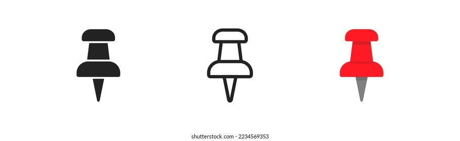 Thumbtack outline icon. Red pushpin sign. Paperclip symbol. Office supplies. Simple flat design. Vector illustration.