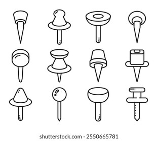 thumbtack and push pin icons set line illustration