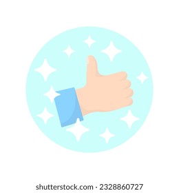 Thumb-up or like icon with sparkles on a white background. Flat design illustration. Vector graphics