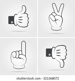 Thump up. Thump down. Peace. #1. Hand gesture. Vector illustration. Monochromatic icons