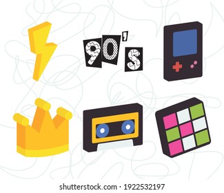 thunder and 90s icon set over white background, colorful design, vector illustration