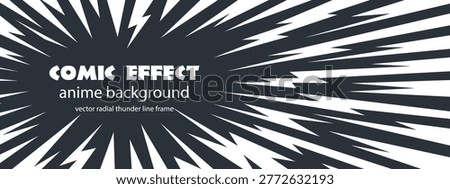 Thunder anime manga and background comic vector with radial line burst. Cartoon lightning pop and bolt flash blast with super action splash. Star background comic and hero thunder speed.