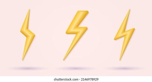 Thunder Bolt 3d Icon Set. Lightning Flash, Thunderbolt Symbol. Power, Energy, Electric Sign. Vector Illustration.