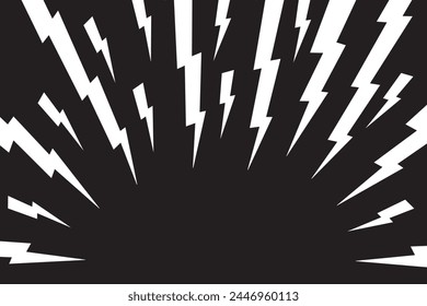 Thunder bolt background. Electric power, flash light, jagged stripes wallpaper. Superhero, boom, speed or surprise anime cartoon effect. Black and white comic print. Vector illustration.