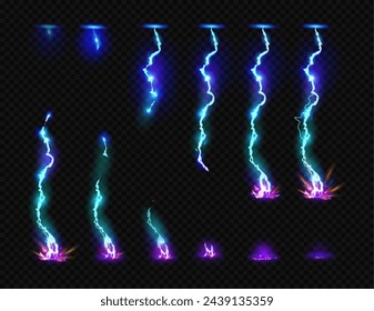 Thunder bolt discharge effect for animation or game location weather elements. Vector isolated realistic lightning strike, energy with glitter and power flashes, hitting floor or ground