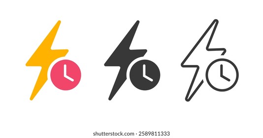 Thunder bolt fast time icon, lightning flash energy clock watch vector simple graphic set, thunderbolt timer stopwatch sign symbol as quick speed electric power line stroke outline solid flat image