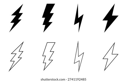 thunder bolt flash icon, flash lightning bolt icon. Electric power icon symbol. Power energy icon sign in filled, thin, line, outline and stroke style. Vector electric lightning bolt logo set eps file