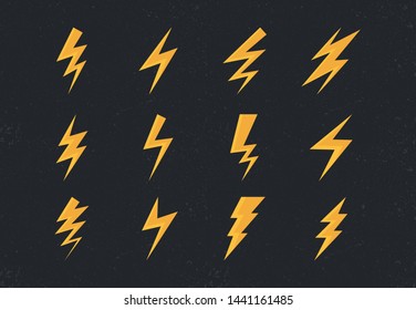 Thunder bolt flash lightning icons set. Thunderbolt and thunderstorm flat vector symbols on dark grunge background