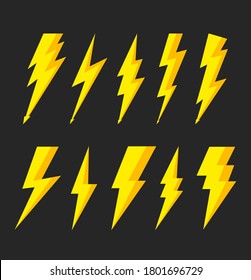 Thunder bolt with flash of lightning. Icons of electric. Logo of thunderbolt. Storm and lightening for illustrations. Instant zigzag bolt for shock symbol. Sign of battery, light, voltage. Vector.