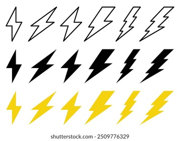 Conjunto de iconos de perno de trueno. Vector de perno de trueno eléctrico. Iniciar sesión de voltaje de potencia color negro y amarillo