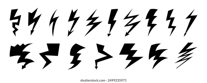 Thunder bolt icons set, burst of light. Vector thunderstroke signs, isolated powerful electrical discharge during thunderstorm. Electric flash sign collection. Various strike lightning symbols