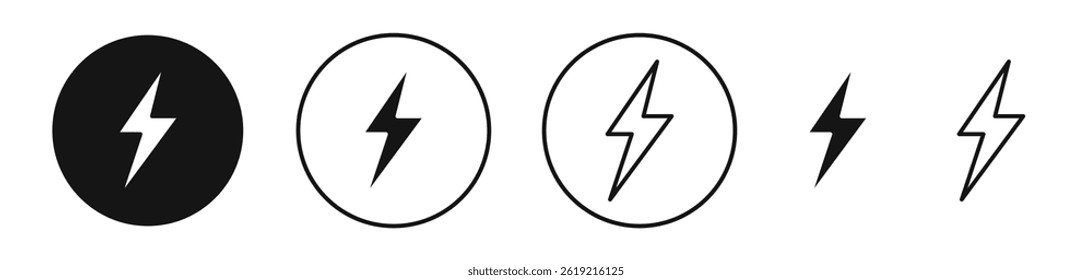 Thunder bolt icons set in solid black and stroke line style