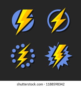 Thunder and Bolt Lighting Flash Icons Set. Flat Style on Dark Background. Vector